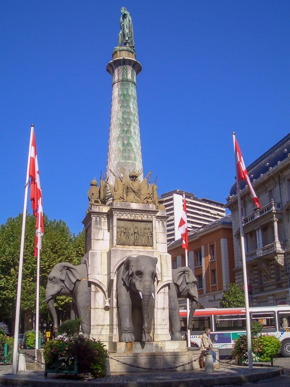 Centre of Chambery where the infamous elephant statue towers over the city.