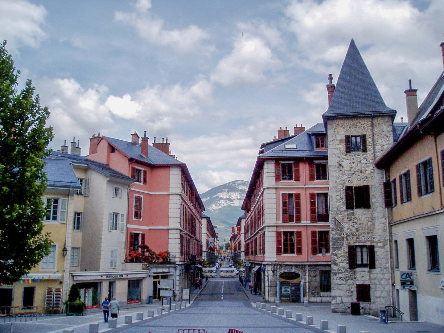 view of a long road in old town Chambery as seen from the centre.
