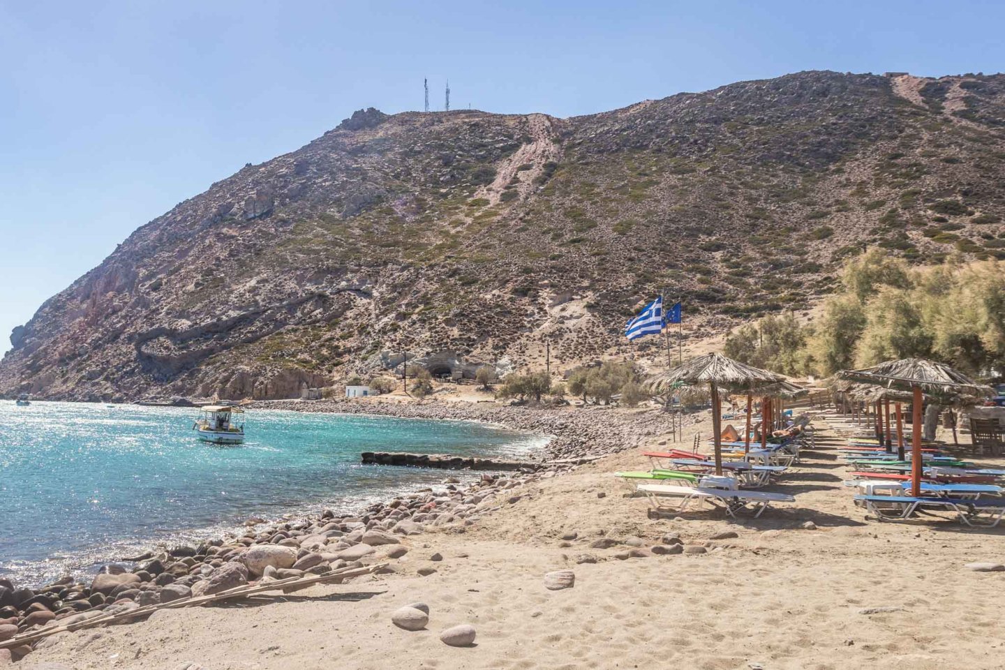 lounge chairs on Agia Kiriaki beach in Milos
