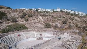 drone shot of the Ancient Roman Theater at the base of Trypiti village.