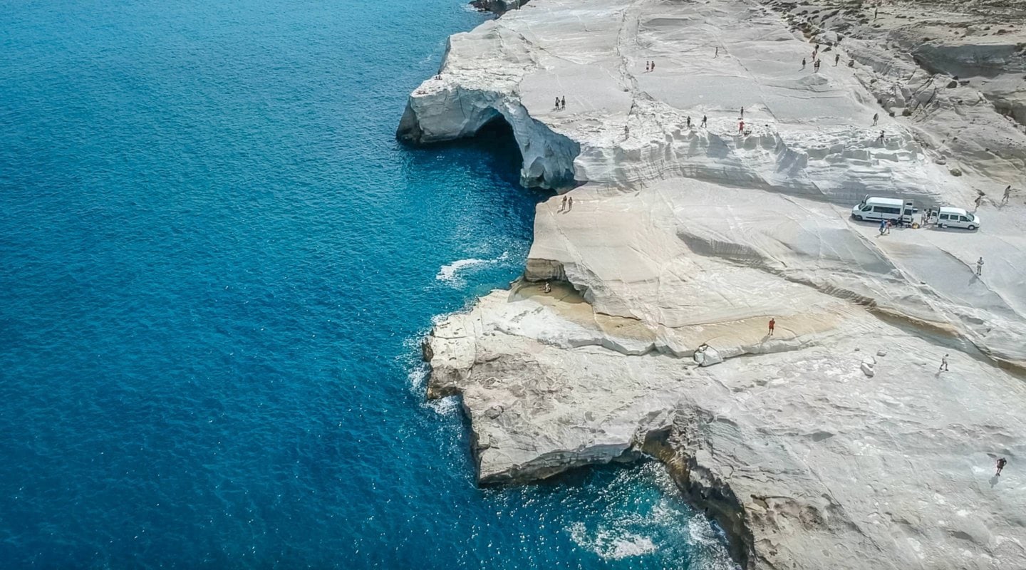drone shot of Sarakiniko beach rock formations