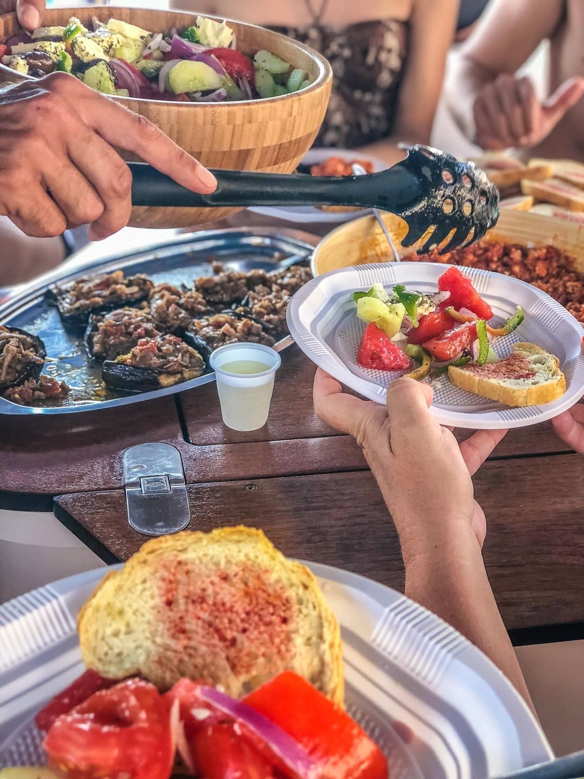 Greek food served during a sailing trip