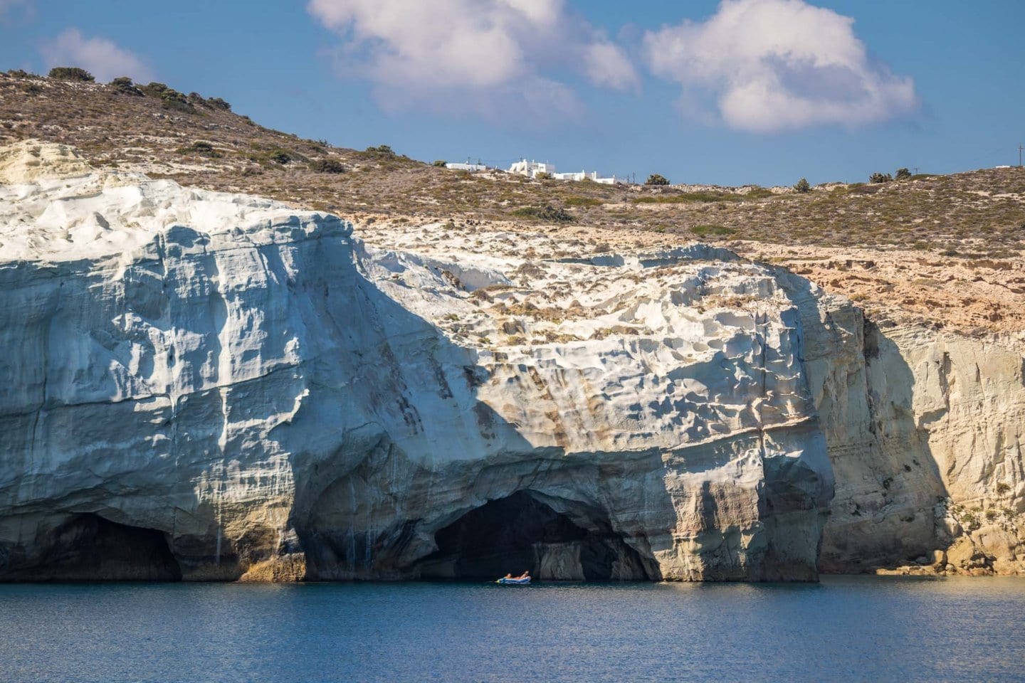 Sarakiniko beach, the most famous beach on Milos island. Seen in passing from a sailing boat.