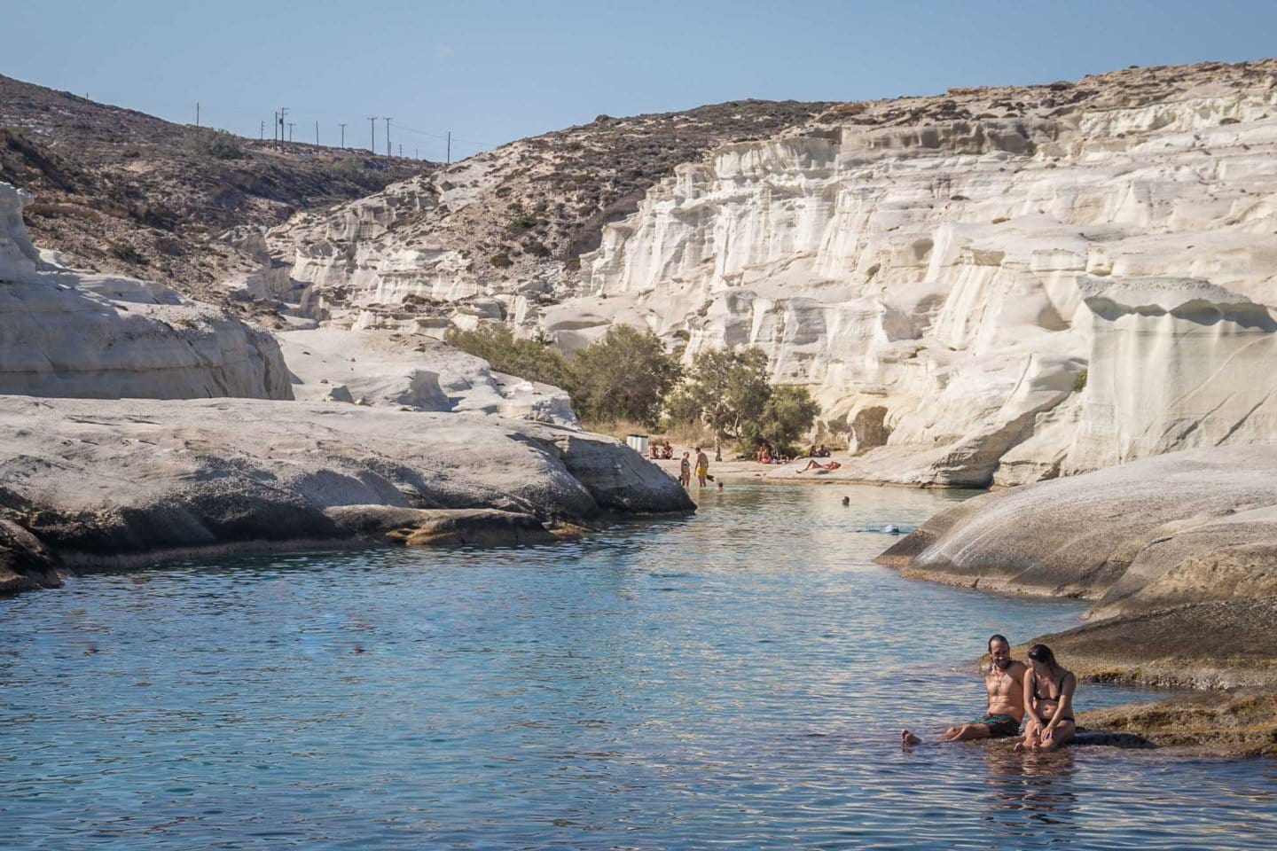 Sarakiniko beach, the most famous beach on Milos island. Seen in passing from a sailing boat.