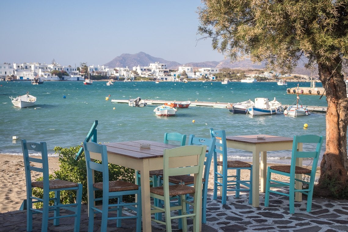 dining tables in Pollonia overlooking the Aegean Sea in Milos