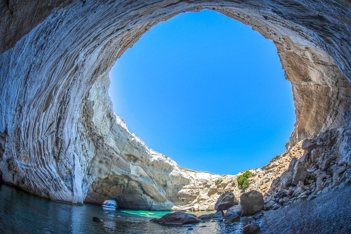 View of roofless Sykia cave in Milos seen from inside the cave