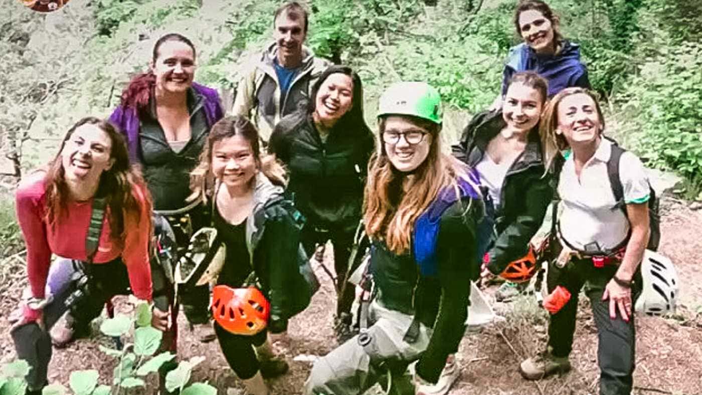 our group feeling accomplished at the end of the via ferrata route in valle del vanoi
