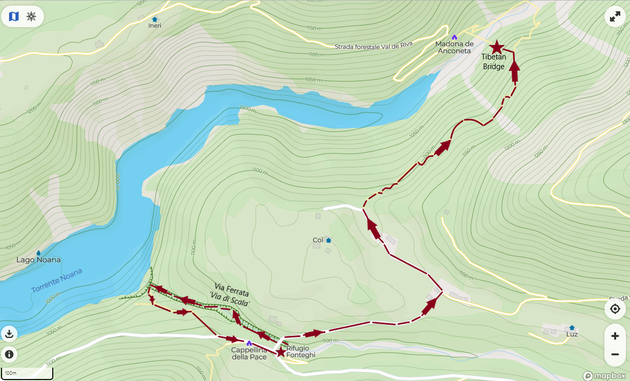 screenshot of mapcarta with the val noana and tibetan bridge canyoning adventure routes