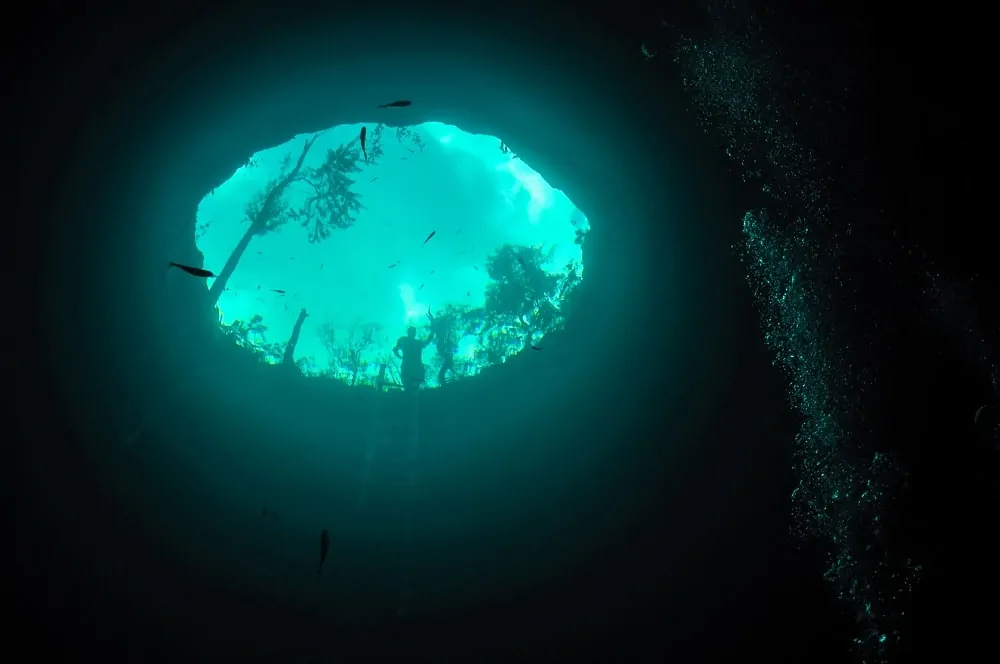 Vista bajo el agua del cenote de la cueva de la calavera